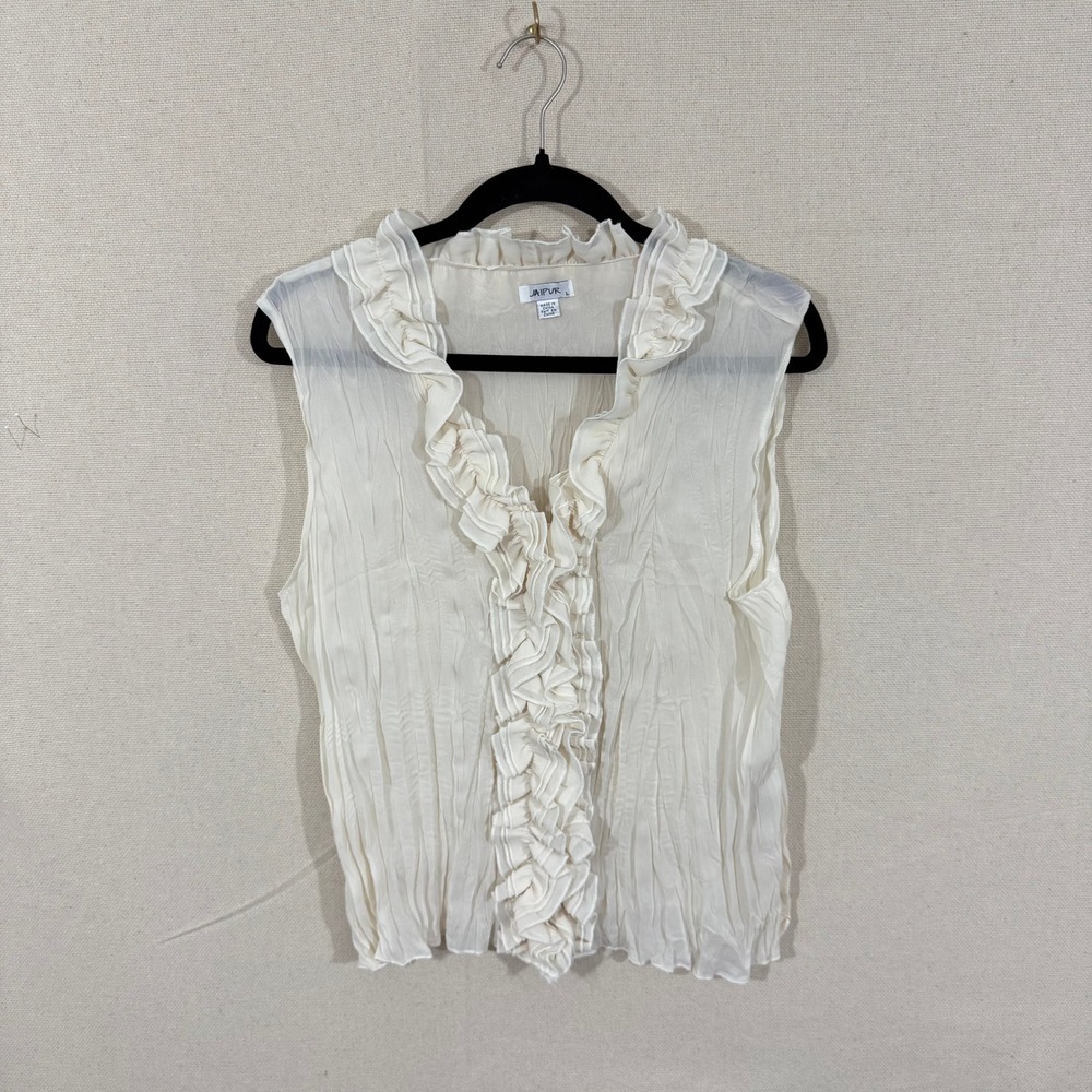 Jaipur Womens Cream Ruffle V-Neck Crinkle Sleeveless Blouse Size L